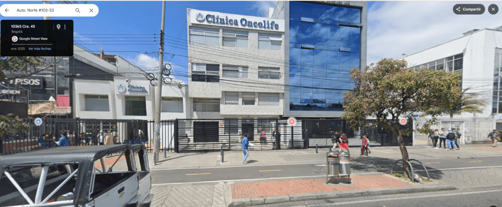 Captura de pantalla Google Maps: Ubicación Clínica Sede Norte y Sede 103 de la Unidad Médica Oncológica ONCOLIFE IPS.